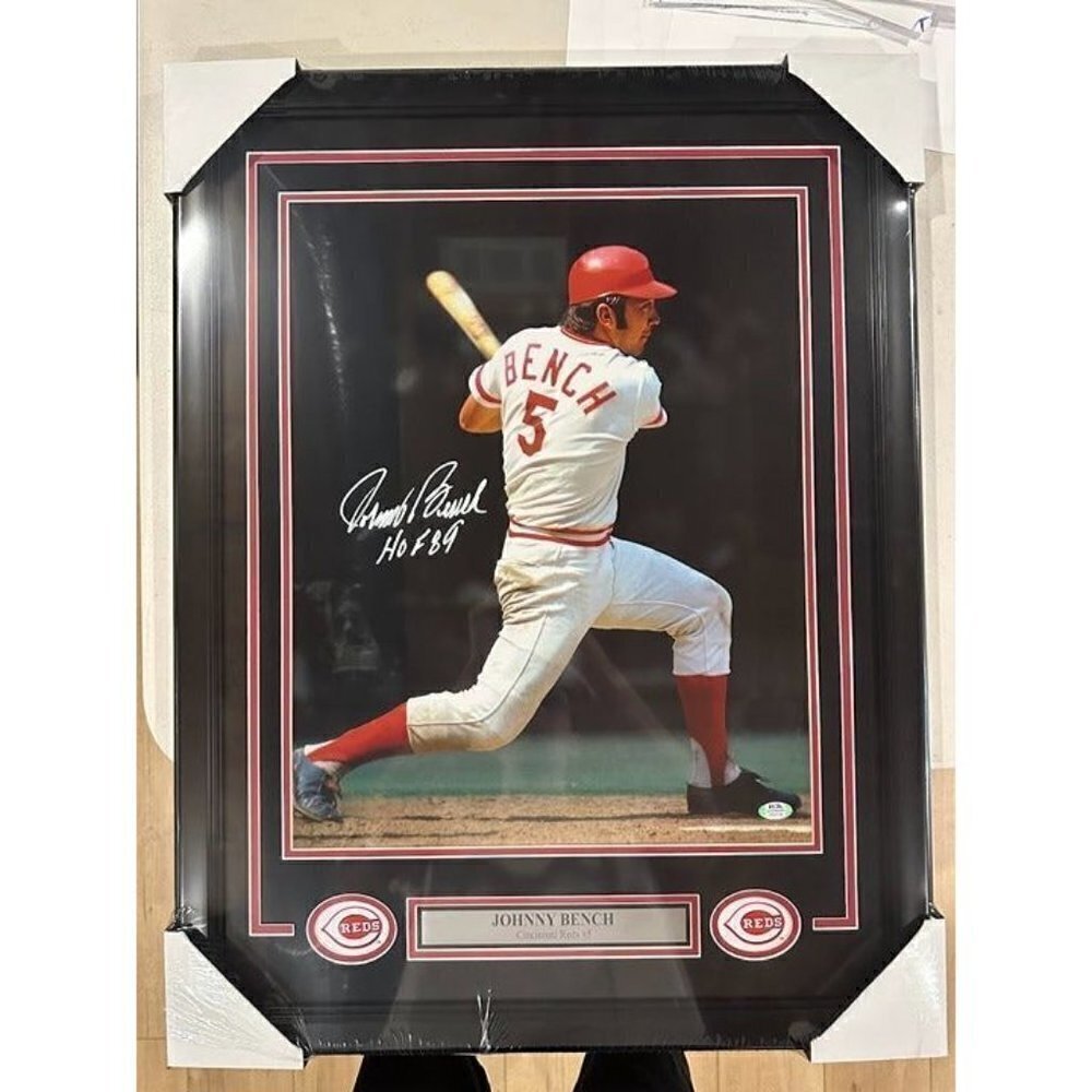 Johnny Bench signed HOF 89 autographed Cincinnati Reds 16x20 Photo Framed PSA